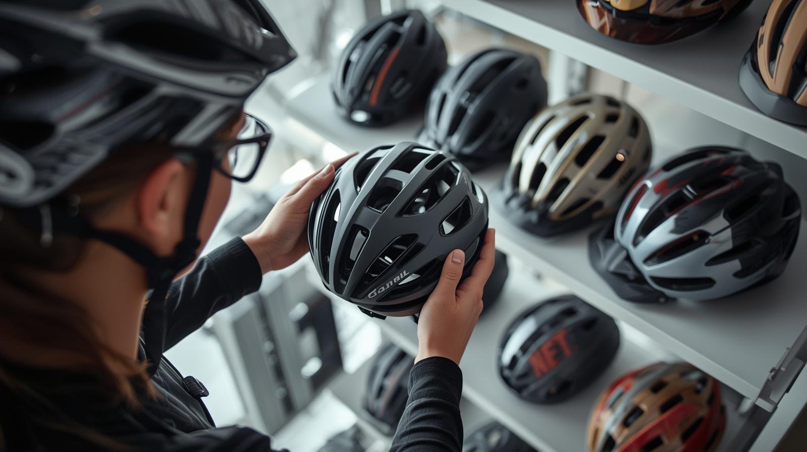 Capacete para ciclismo ajustado corretamente na cabeça de ciclista iniciante.