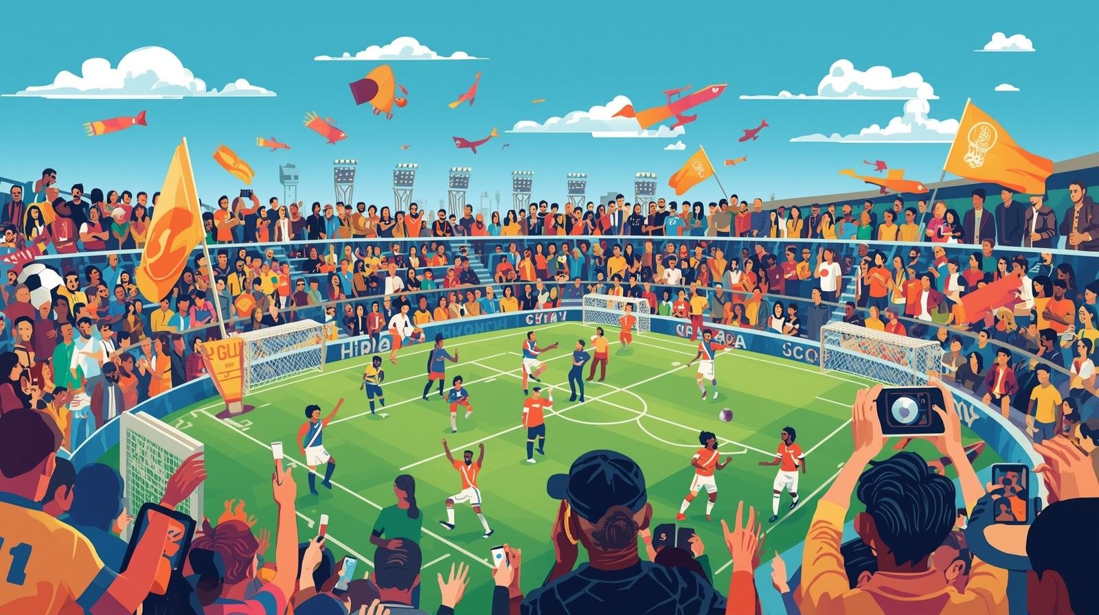 Torcedores de diferentes países com bandeiras durante a Copa do Mundo, representando o caráter internacional do torneio.