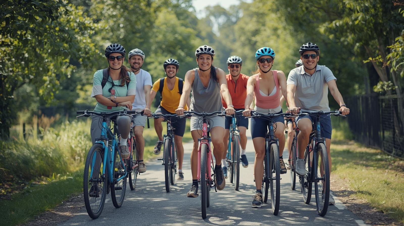 Pessoa iniciando no ciclismo pedalando ao ar livre com equipamento de segurança.