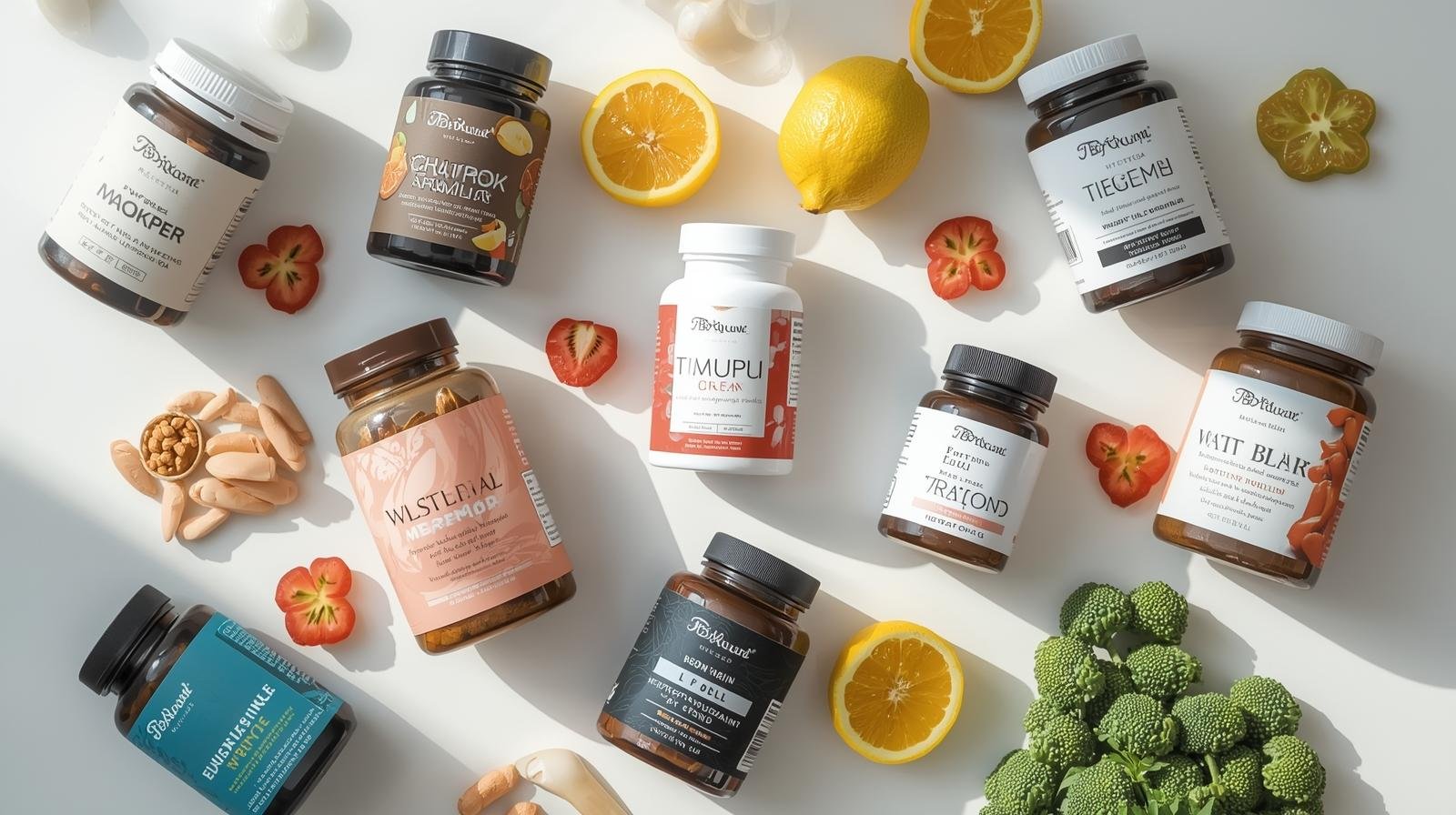 Suplementos esportivos básicos como whey protein e creatina sobre bancada de treino.