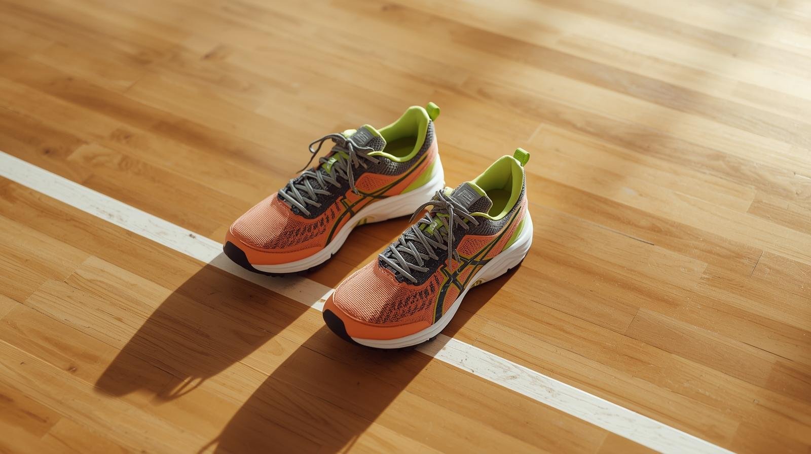 Tênis de voleibol em quadra indoor, destacando solado e estabilidade para movimentos laterais.