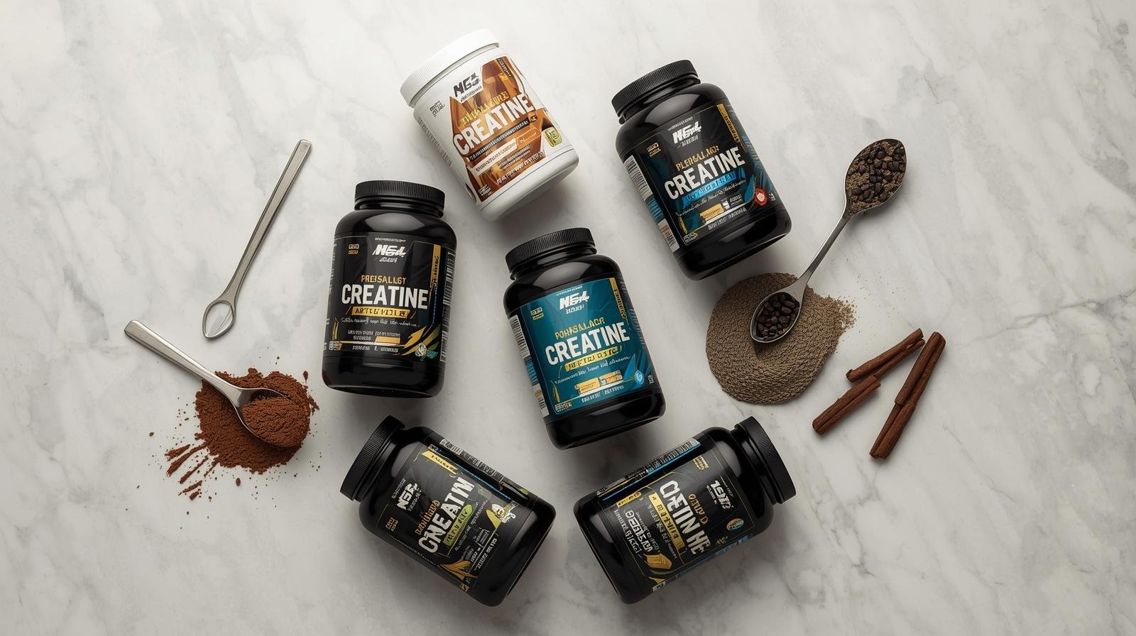 Potes de creatina em pó de diferentes marcas dispostos sobre uma superfície clara, ao lado de colheres com creatina, café e canela, representando suplementação esportiva e ganho de força muscular.