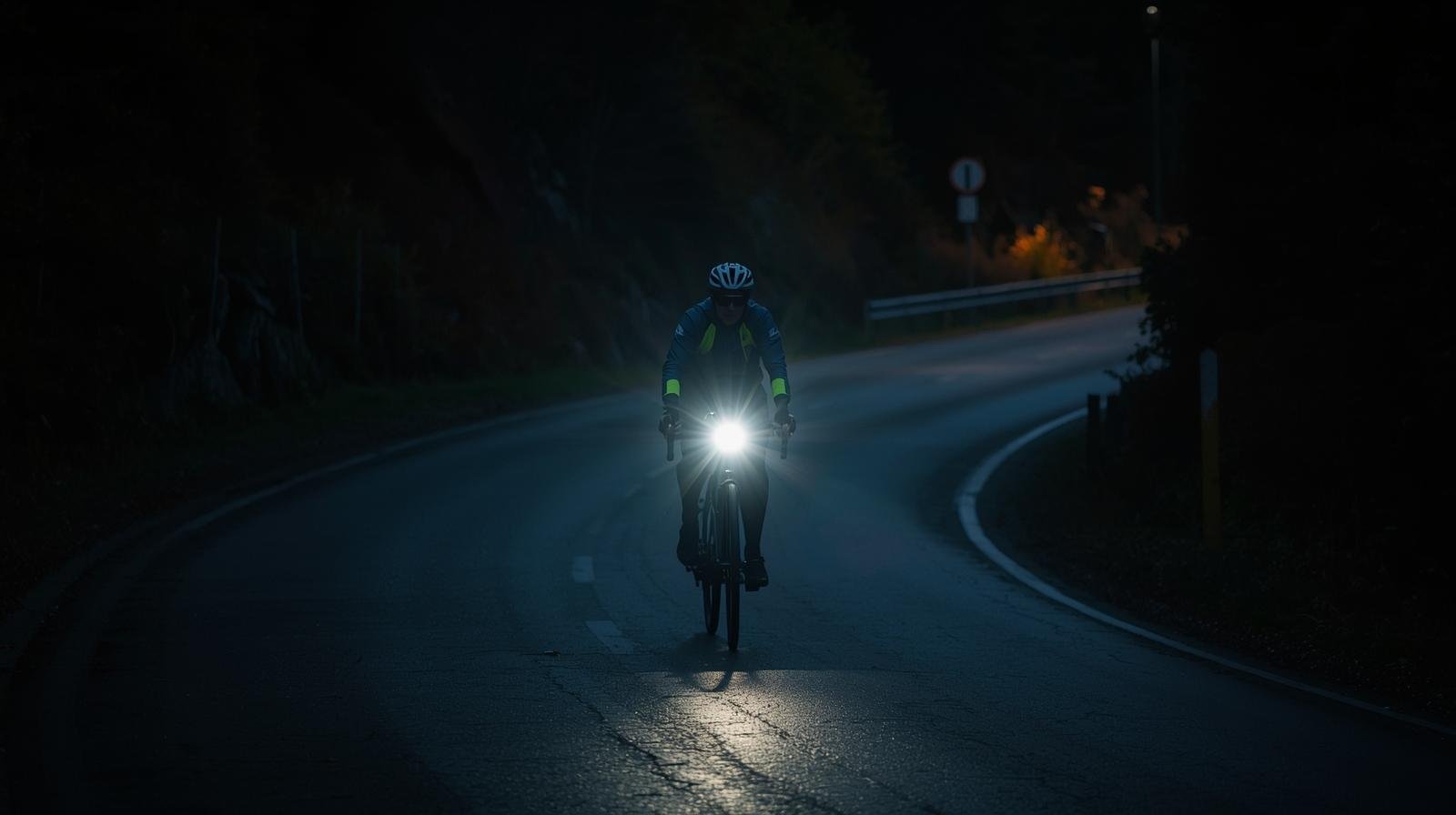 Ciclista pedalando à noite com iluminação dianteira e traseira na bicicleta.