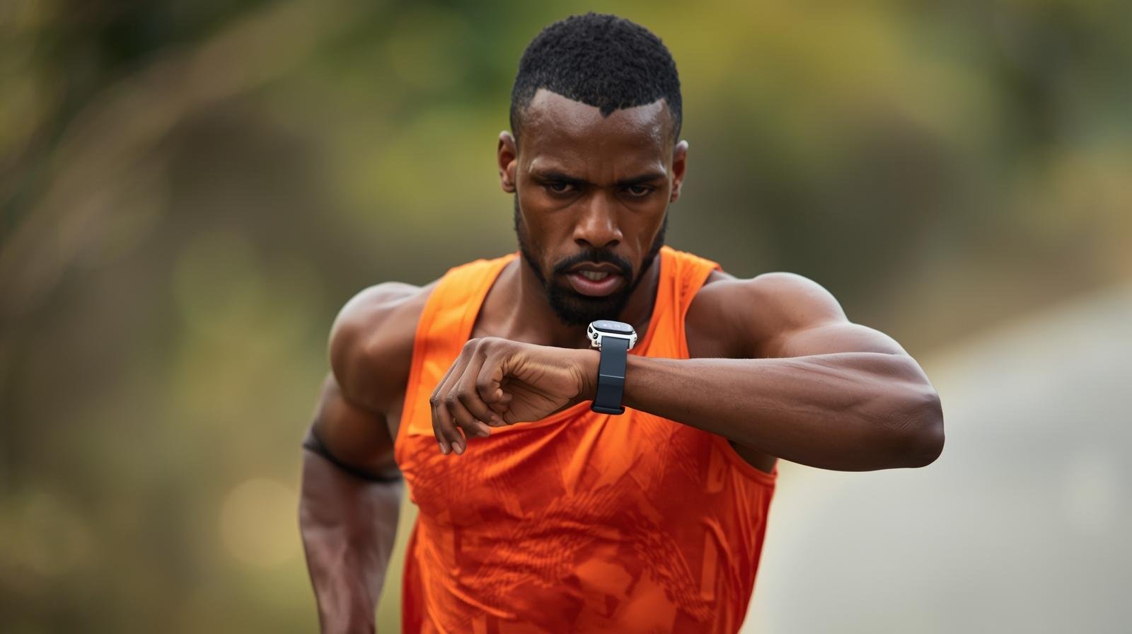 Corredor verificando dados de pace e distância no relógio esportivo durante treino ao ar livre com GPS ativado