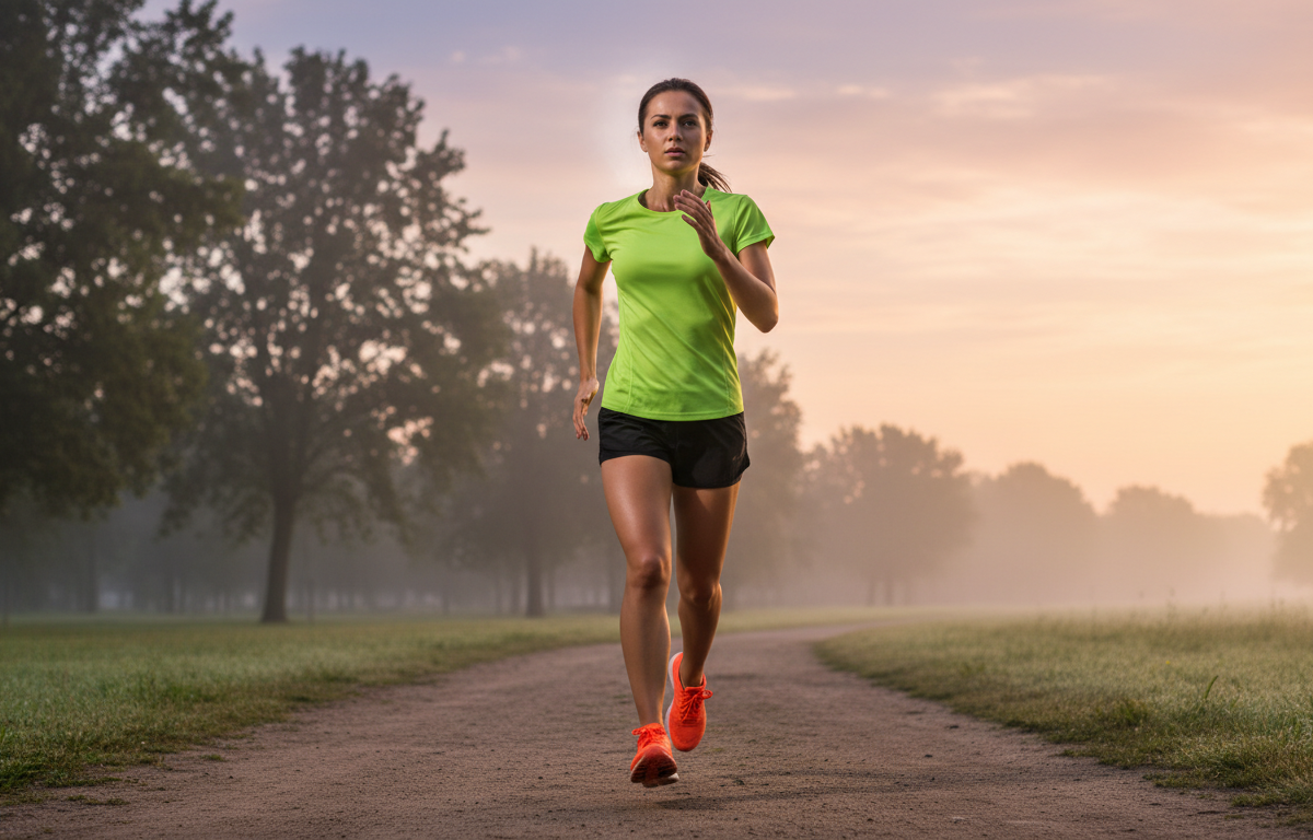 Corredor focado respirando durante treino ao ar livre ao amanhecer