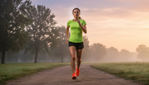 Corredor focado respirando durante treino ao ar livre ao amanhecer