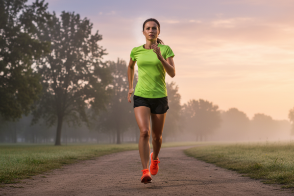 Corredor focado respirando durante treino ao ar livre ao amanhecer