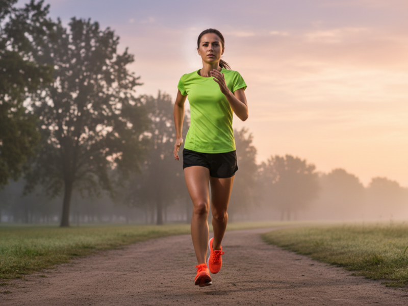 Corredor focado respirando durante treino ao ar livre ao amanhecer