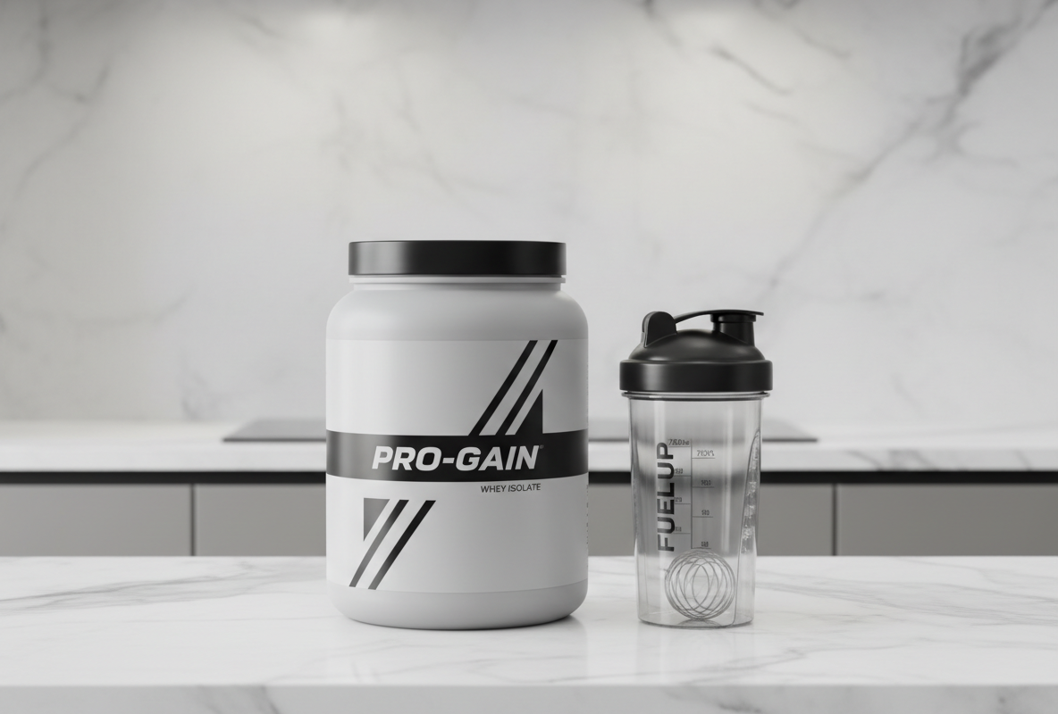 Pote de whey protein e shaker sobre bancada clean com fundo neutro