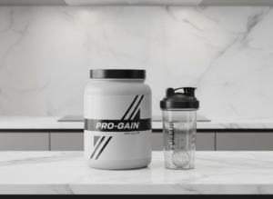 Pote de whey protein e shaker sobre bancada clean com fundo neutro