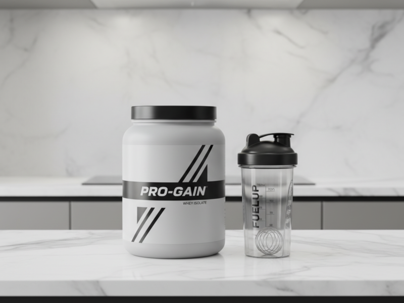 Pote de whey protein e shaker sobre bancada clean com fundo neutro