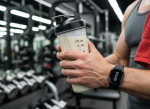 Shaker com whey protein na mão logo após treino em academia
